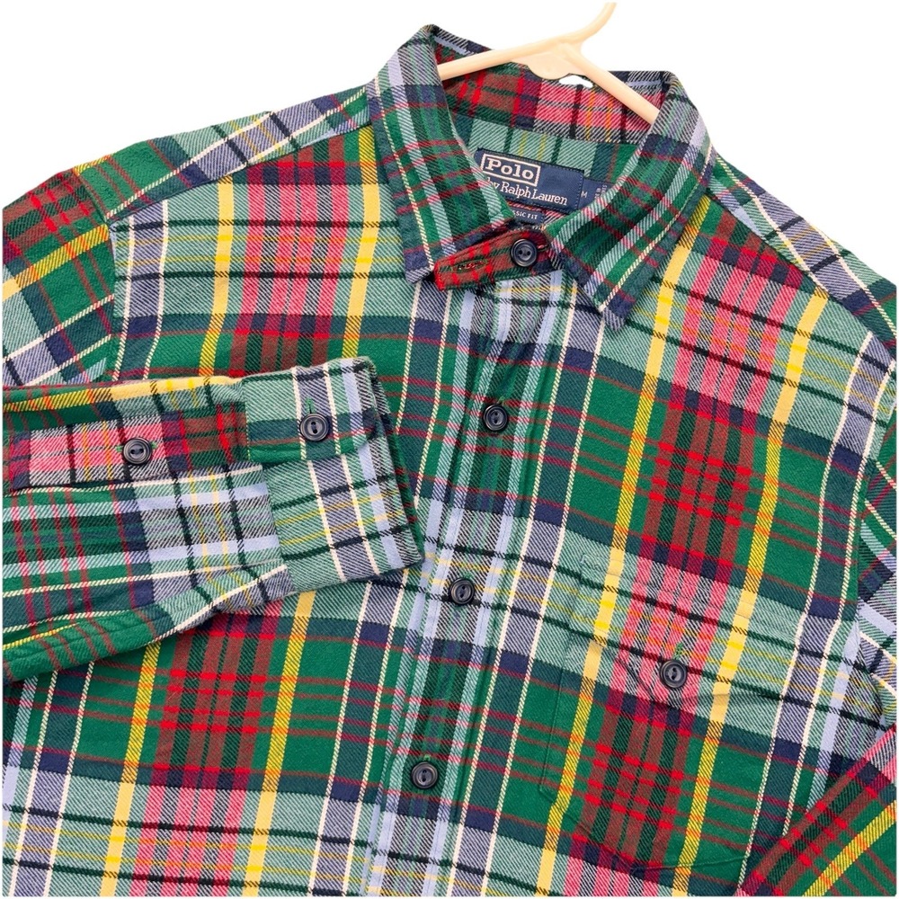 VTG Polo Ralph Lauren Flannel Shirt Mens M tartan Plaid Chin Strap Button Up